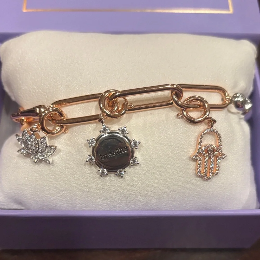 Rhodium and Rose Gold Charm Bracelet: Remember to Breathe - Picture 2 of 2